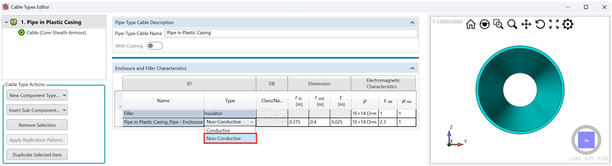 Cable Types Editor showing Enclosure and Filler Characteristics